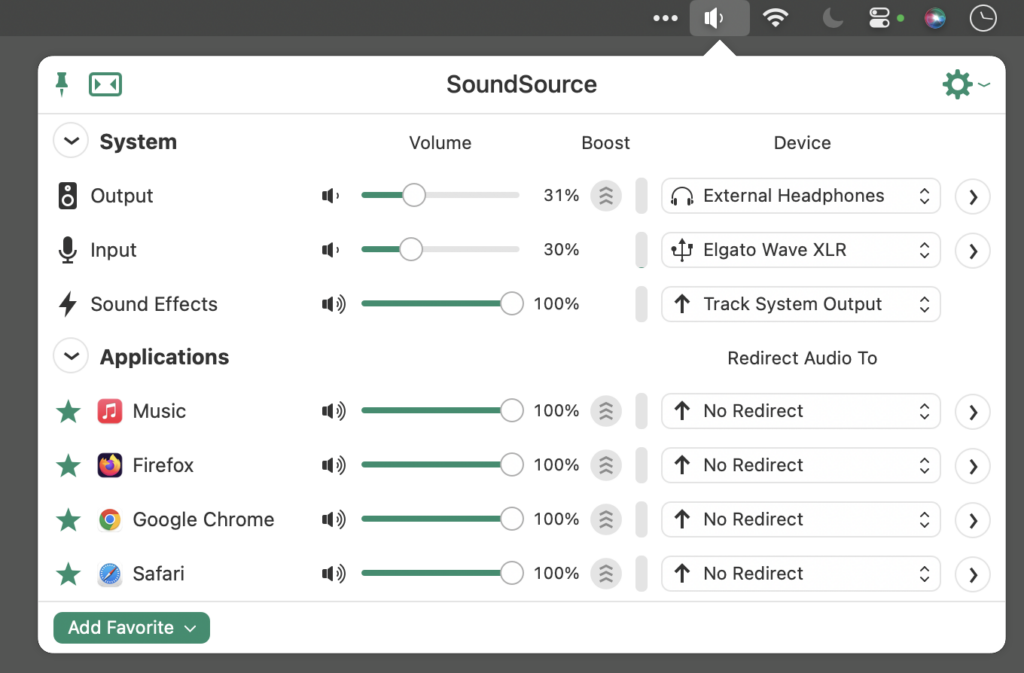 Main menu bar pull-down window for the SoundSource app from Rogue Amoeba, showing the various sections of the utility, along with 4 favorite apps, which have a green star to the left of their name.